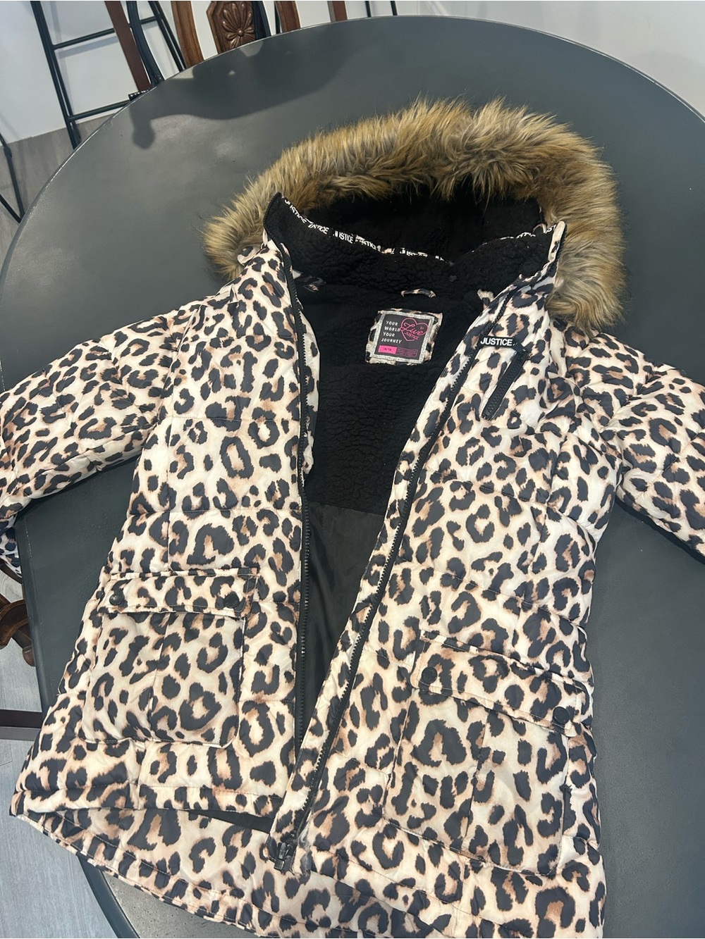 Justice Girls' Leopard Print Faux-Fur Hooded Puffer Jacket - Brown